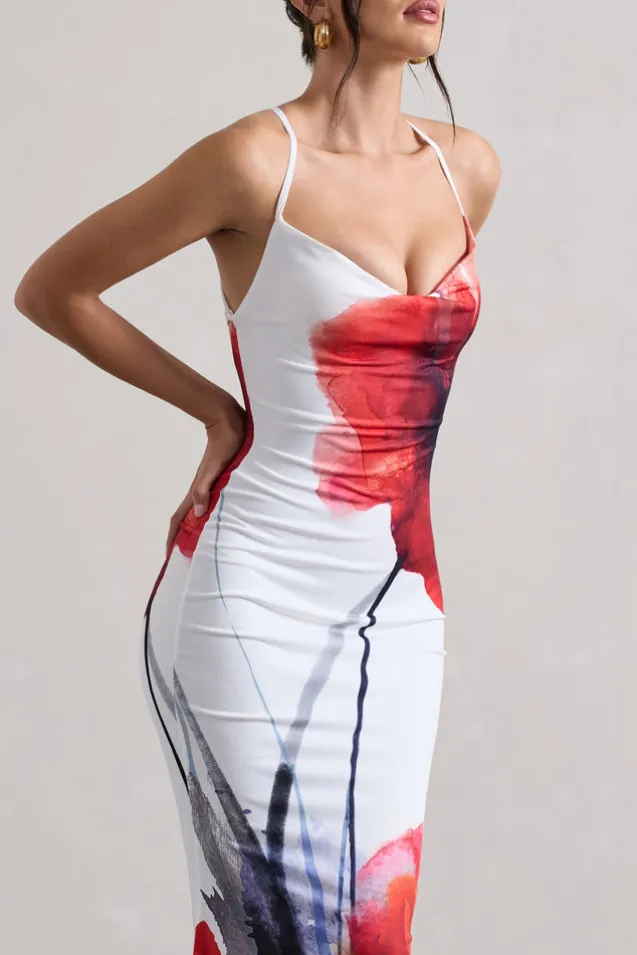 Tamia | White Poppy Print Cowl-Neck Maxi Dress