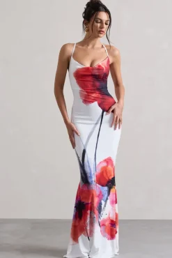 Tamia | White Poppy Print Cowl-Neck Maxi Dress