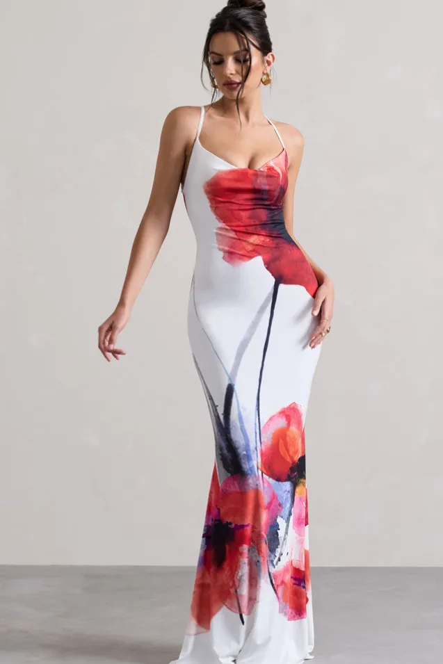 Tamia | White Poppy Print Cowl-Neck Maxi Dress