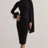 Tamika | Black High-Neck Cape-Sleeve Midi Dress With Feathers