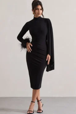Tamika | Black High-Neck Cape-Sleeve Midi Dress With Feathers
