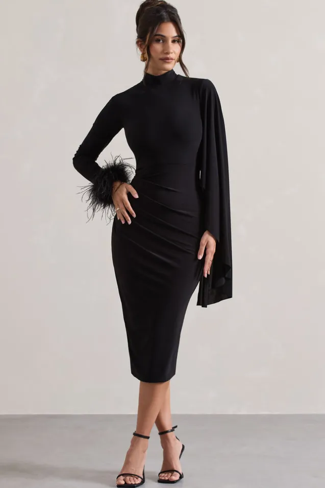 Tamika | Black High-Neck Cape-Sleeve Midi Dress With Feathers