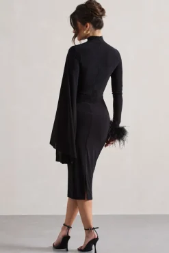 Tamika | Black High-Neck Cape-Sleeve Midi Dress With Feathers