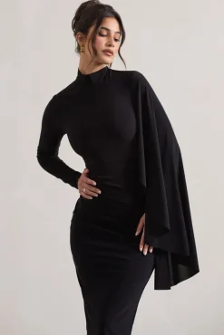 Tamika | Black High-Neck Cape-Sleeve Midi Dress With Feathers