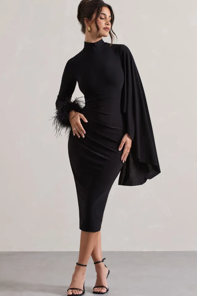 Tamika | Black High-Neck Cape-Sleeve Midi Dress With Feathers