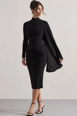Tamika | Black High-Neck Cape-Sleeve Midi Dress With Feathers