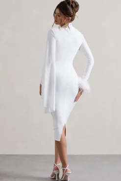 Tamika | White High-Neck Cape-Sleeve Midi Dress With Feathers