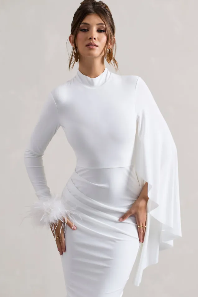 Tamika | White High-Neck Cape-Sleeve Midi Dress With Feathers
