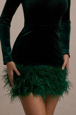 Tamsin | Bottle Green Velvet Long-Sleeved Feather Mini Dress