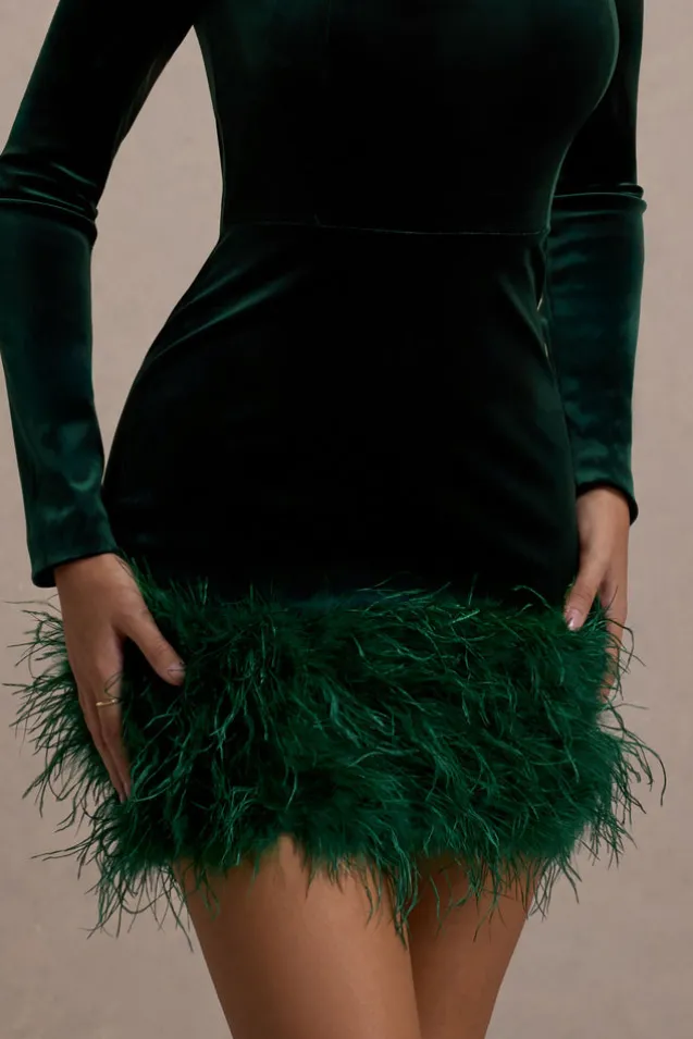 Tamsin | Bottle Green Velvet Long-Sleeved Feather Mini Dress