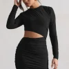 Tana | Black Ruched Bodycon Long Sleeve Cut-Out Mini Dress