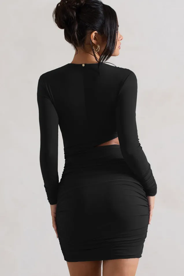 Tana | Black Ruched Bodycon Long Sleeve Cut-Out Mini Dress