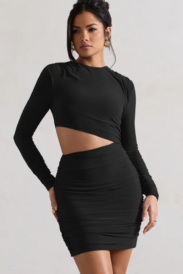 Tana | Black Ruched Bodycon Long Sleeve Cut-Out Mini Dress