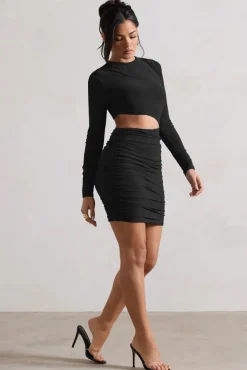 Tana | Black Ruched Bodycon Long Sleeve Cut-Out Mini Dress