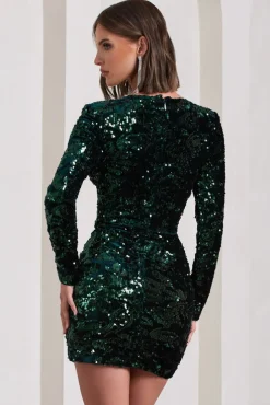 Tantalise | Bottle Green Sequin Plunge-Neck Long-Sleeve Mini Dress
