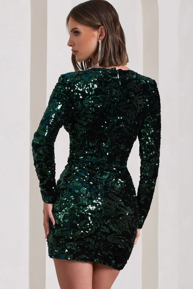 Tantalise | Bottle Green Sequin Plunge-Neck Long-Sleeve Mini Dress