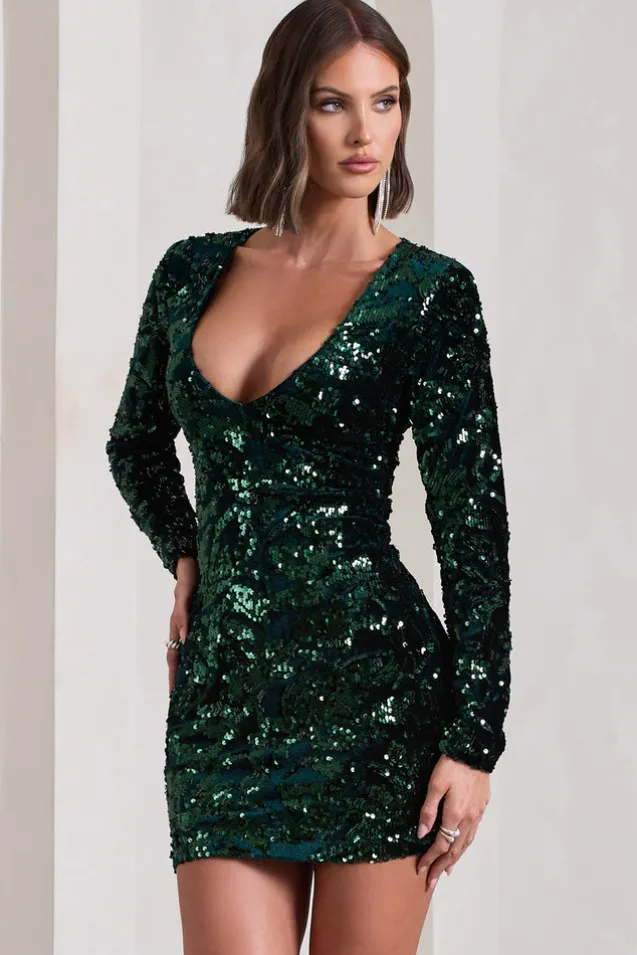 Tantalise | Bottle Green Sequin Plunge-Neck Long-Sleeve Mini Dress