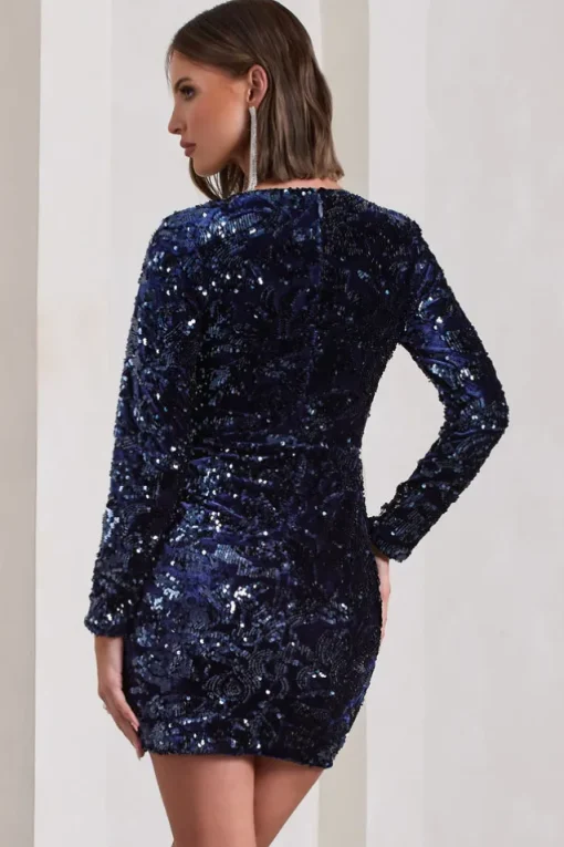 Tantalise | Navy Sequin Plunge-Neck Long-Sleeve Mini Dress