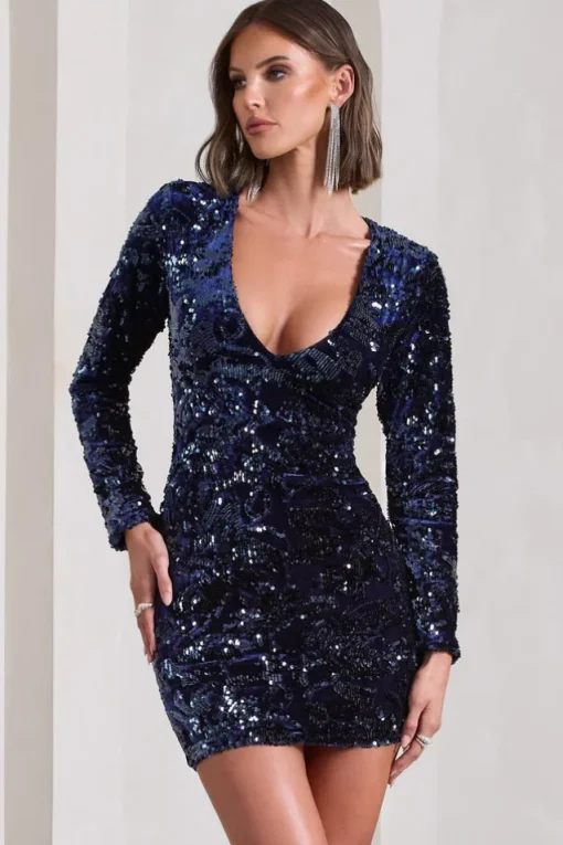 Tantalise | Navy Sequin Plunge-Neck Long-Sleeve Mini Dress