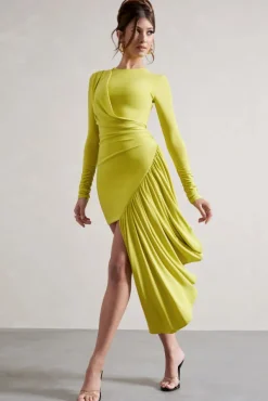 Tate | Lime Green Long-Sleeve Wrap Mini Dress With Drape