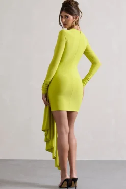 Tate | Lime Green Long-Sleeve Wrap Mini Dress With Drape