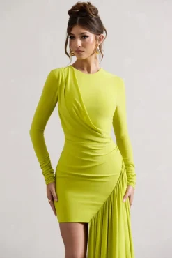 Tate | Lime Green Long-Sleeve Wrap Mini Dress With Drape