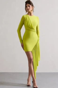 Tate | Lime Green Long-Sleeve Wrap Mini Dress With Drape