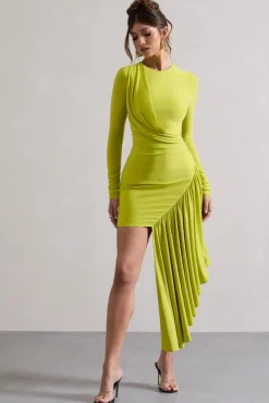 Tate | Lime Green Long-Sleeve Wrap Mini Dress With Drape