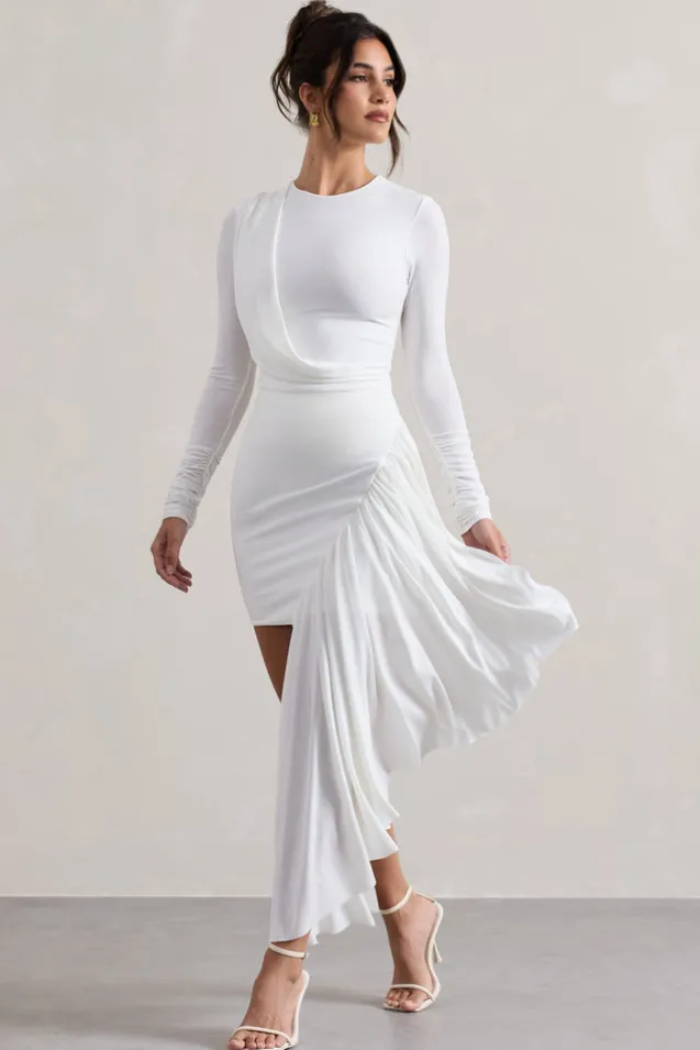 Tate | White Long-Sleeve Wrap Mini Dress With Drape