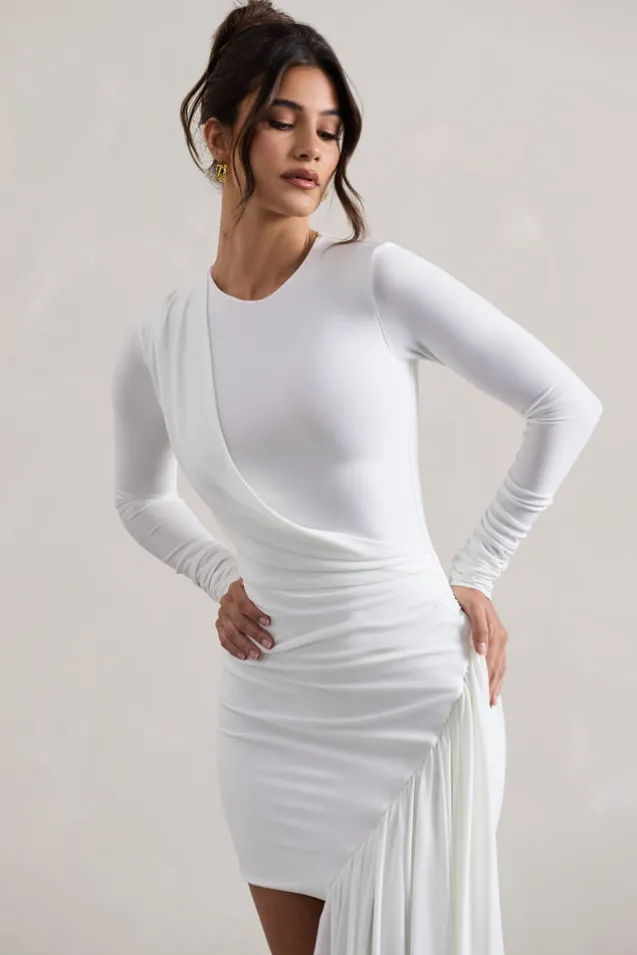 Tate | White Long-Sleeve Wrap Mini Dress With Drape