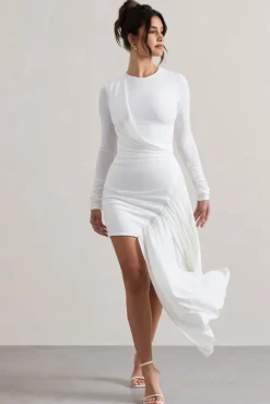 Tate | White Long-Sleeve Wrap Mini Dress With Drape