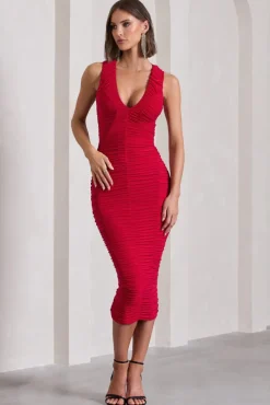 Tempting Fate | Red Ruched Bodycon V-Neck Maxi Dress