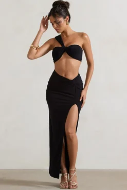 Tender Kiss | Black High Waist Thigh Split Maxi Skirt