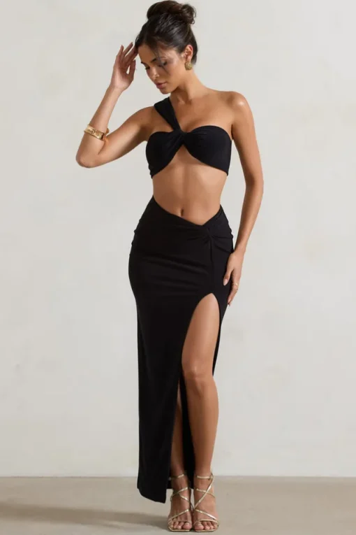 Tender Kiss | Black High Waist Thigh Split Maxi Skirt