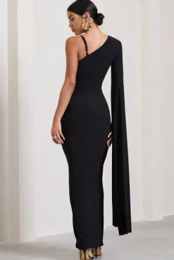The Crown | Black Plunge Front One Shoulder Maxi Dress