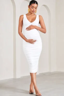 The Glow | White Ruched Scoop-Neck Sleeveless Maternity Midi Dress