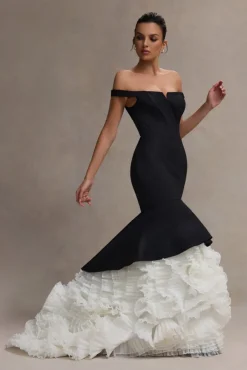 The Greatest | Black u0026 Cream Bardot Maxi Dress With Tulle Skirt