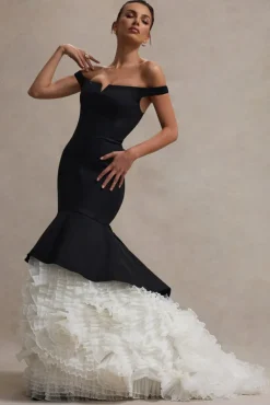 The Greatest | Black u0026 Cream Bardot Maxi Dress With Tulle Skirt