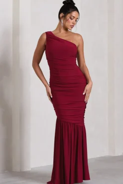 The Limelight | Berry One Shoulder Ruched Fishtail Maxi Dress