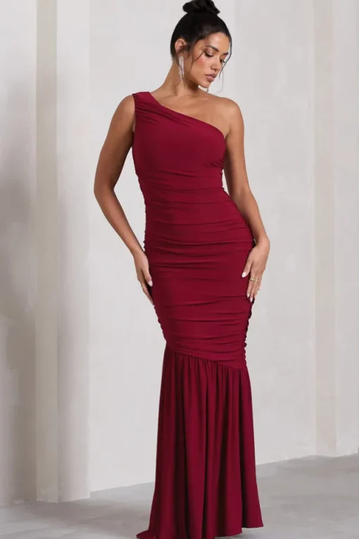The Limelight | Berry One Shoulder Ruched Fishtail Maxi Dress