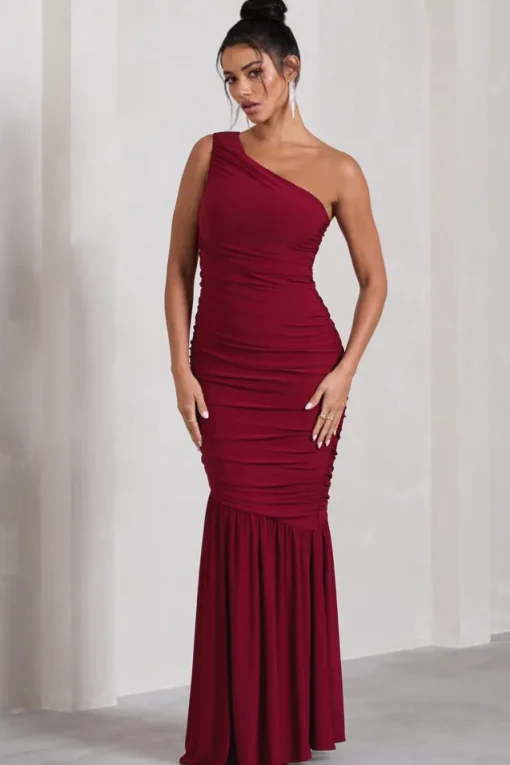 The Limelight | Berry One Shoulder Ruched Fishtail Maxi Dress