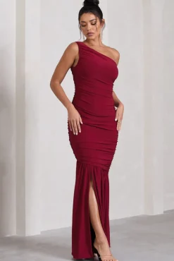The Limelight | Berry One Shoulder Ruched Fishtail Maxi Dress