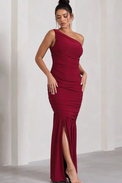 The Limelight | Berry One Shoulder Ruched Fishtail Maxi Dress
