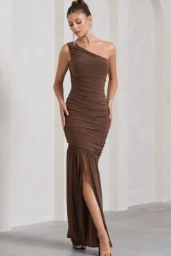 The Limelight | Chocolate One Shoulder Ruched Fishtail Maxi Dress