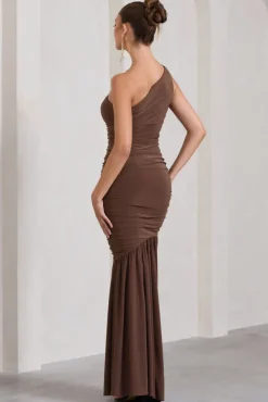 The Limelight | Chocolate One Shoulder Ruched Fishtail Maxi Dress