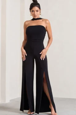 The Next Naomi | Black Halter-Neck Bandeau Split-Leg Jumpsuit