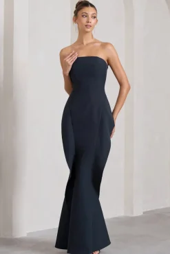 The Real Thing | Navy Strapless Draped Fishtail Maxi Dress