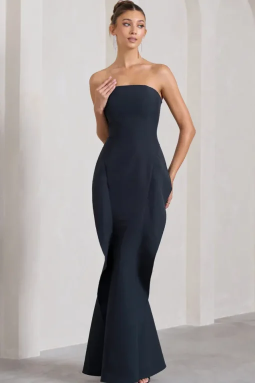The Real Thing | Navy Strapless Draped Fishtail Maxi Dress