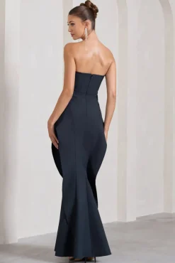 The Real Thing | Navy Strapless Draped Fishtail Maxi Dress