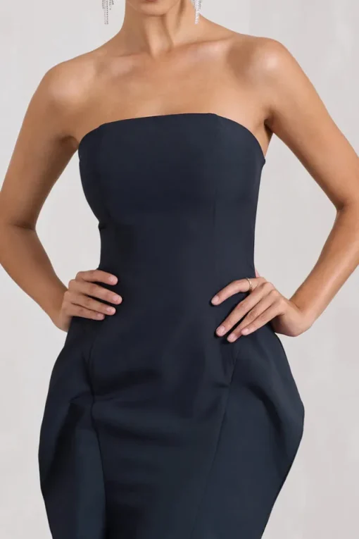 The Real Thing | Navy Strapless Draped Fishtail Maxi Dress